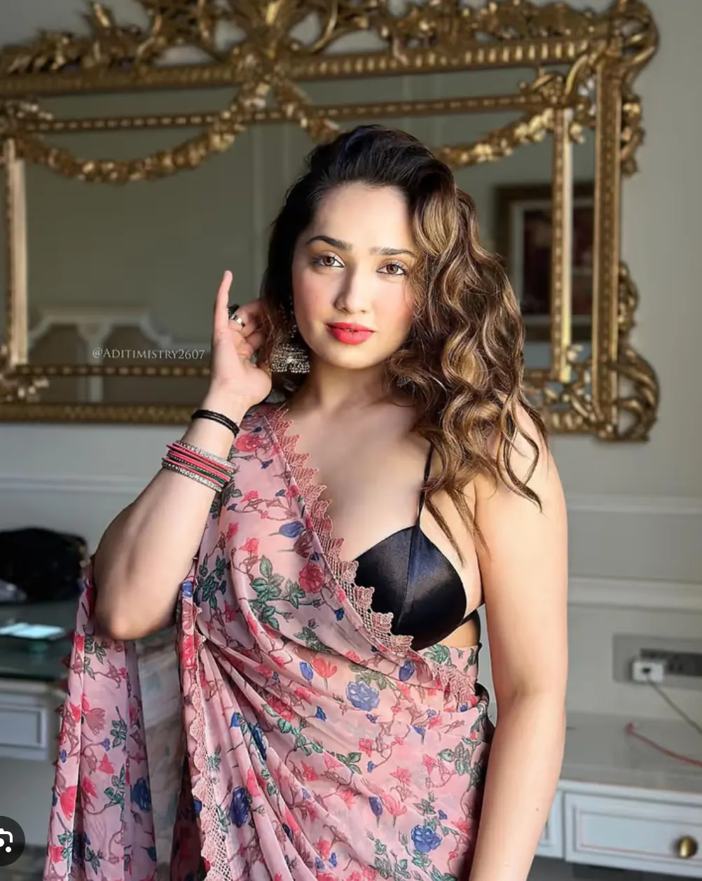 Aditi Mistry on pink saree big tits on bra